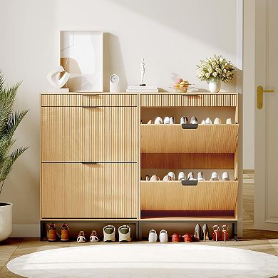 Modern Fluted Shoe Storage Cabinet - Contemporary Entryway Solution, Brown