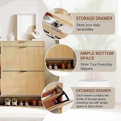 Modern Fluted Shoe Storage Cabinet - Contemporary Entryway Solution, Brown