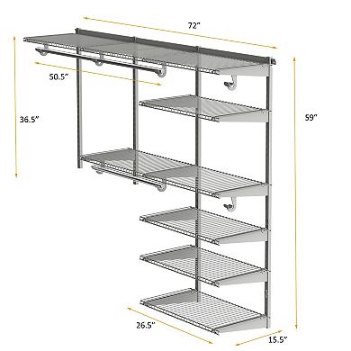 Adjustable Closet Organizer Kit with Shelves and Hanging Rods for 4 to 6 Feet