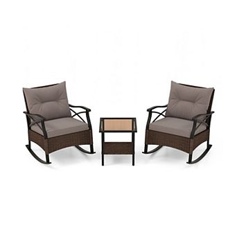 3 pc Outdoor Rattan Rocking Chairs Set With 2 tier Side Table