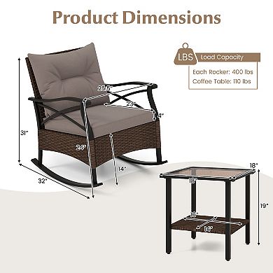 3 Pieces Outdoor Rattan Rocking Chairs Set With  2-tier Side Table