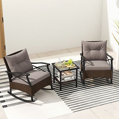 3 Pieces Outdoor Rattan Rocking Chairs Set With  2-tier Side Table