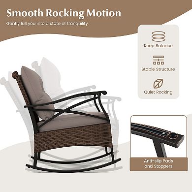 3 Pieces Outdoor Rattan Rocking Chairs Set With  2-tier Side Table