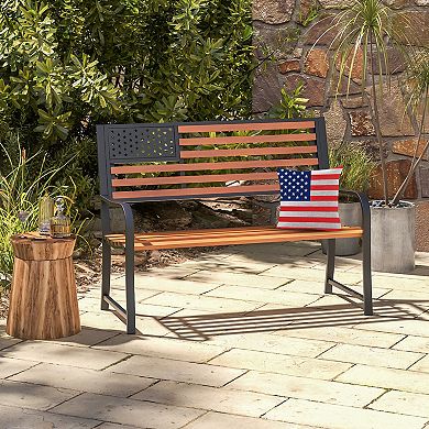 50 Inch Outdoor Garden Bench with Flag Pattern Backrest