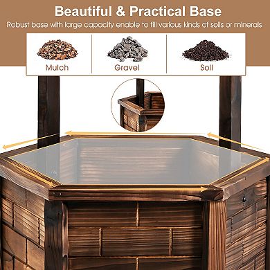 Rustic Wooden Wishing Well with Adjustable Hanging Bucket-Brown
