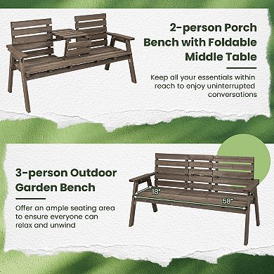 Outdoor Fir Wood Bench With Foldable Middle Table-gray