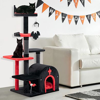 Gothic Cat Tree 53 Inch Tall Cat Tower With Cat Bed And Arch-shaped Condo