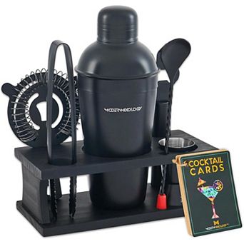 8 pc Black Matte Cocktail Shaker Set with Black Pine Wood Stand & Recipe Cards