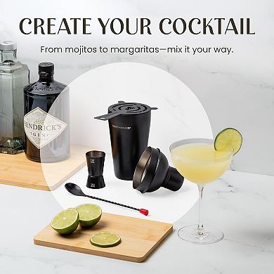8-Piece Black Matte Cocktail Shaker Set with Black Pine Wood Stand & Recipe Cards