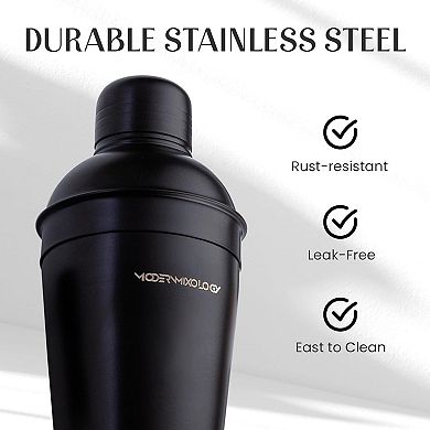 8-Piece Black Matte Cocktail Shaker Set with Black Pine Wood Stand & Recipe Cards
