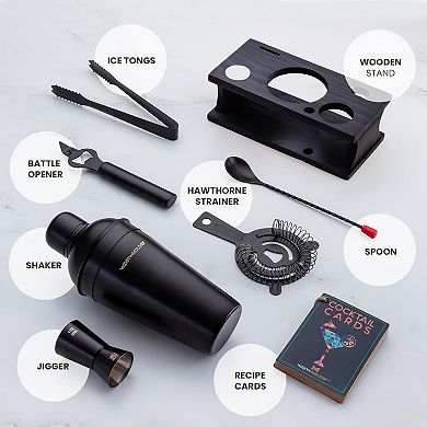 8-Piece Black Matte Cocktail Shaker Set with Black Pine Wood Stand & Recipe Cards