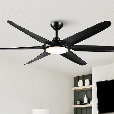 65" Large Modern Black 6-blade LED Ceiling Fan with Light and Remote