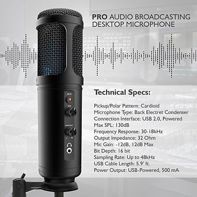 Pyle Universal USB Computer Microphone - Streaming & Pro Audio Recording Mic with Tripod Stand