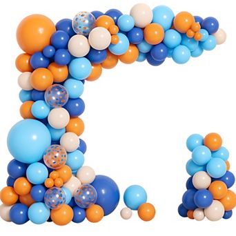 Blue & Orange Paw Theme Balloons Kit 129 pc Balloon Set with Paw Prints, Banner & Fringe Curtain for