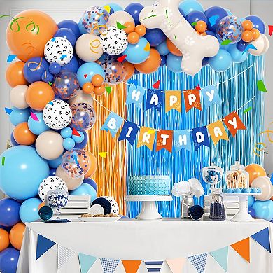 Blue & Orange Paw Theme Balloons Kit 129pcs Balloon Set with Paw Prints, Banner & Fringe Curtain for