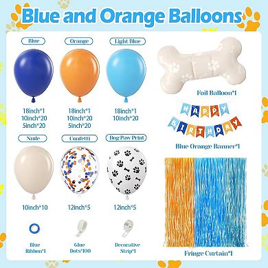 Blue & Orange Paw Theme Balloons Kit 129pcs Balloon Set with Paw Prints, Banner & Fringe Curtain for