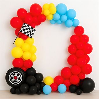Race Car Balloon Arch Kit Set 179 pc Red, Yellow, Blue & Foil Wheels for Two Fast Party or Birthday