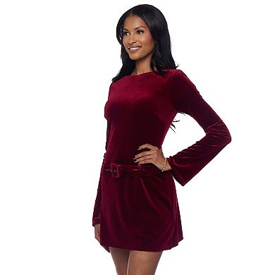 Juniors' B. Smart Long Sleeve Velvet Dress with Belt
