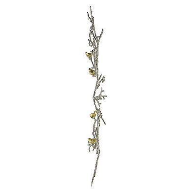 Branch Shape Aluminum Wall Decor with Gold Accented Four Birds, Silver