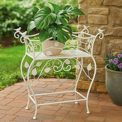 Philip Plant Stand Table, Scrolled Vine Details, Curved White Metal