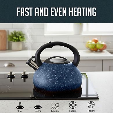 3 Quart Whistling Tea Kettle, Tapered Marble Finish, Fast Boil Tea Pot with Heat Resistant Handle