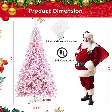 Gymax 7.5FT Pre-Lit Hinged Artificial Snow Christmas Tree Decor Tree w/ 450 LED Lights
