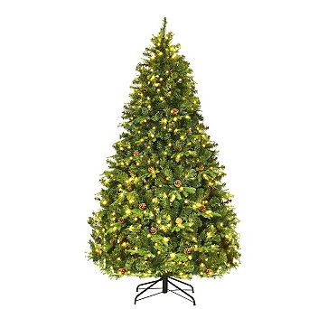 Gymax Pre-Lit 7' Artificial Christmas Tree Premium Spruce Hinged 460 LED Lights Pine Cones