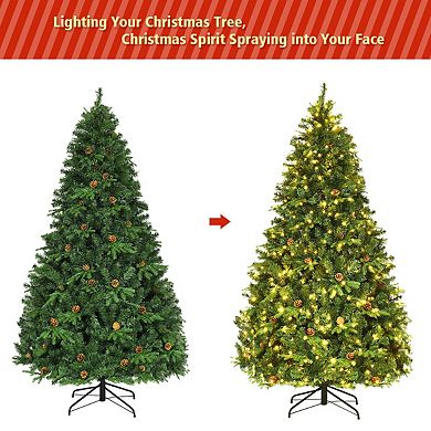 Gymax Pre-Lit 7' Artificial Christmas Tree Premium Spruce Hinged 460 LED Lights Pine Cones