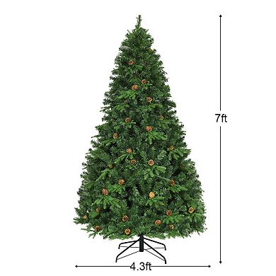 Gymax Pre-Lit 7' Artificial Christmas Tree Premium Spruce Hinged 460 LED Lights Pine Cones