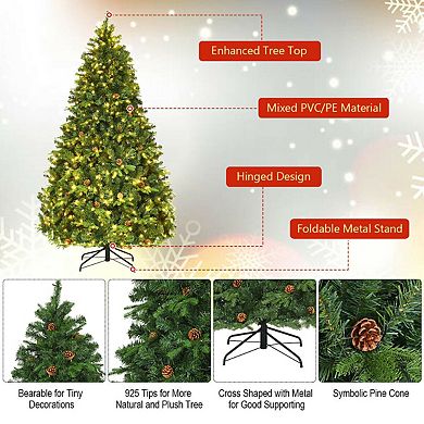 Gymax Pre-Lit 7' Artificial Christmas Tree Premium Spruce Hinged 460 LED Lights Pine Cones