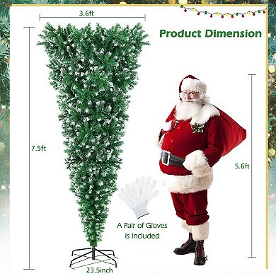 Gymax 7.5FT Pre-Lit Snowy Inverted Christmas Tree Artificial Tree w/ 400 LED Lights