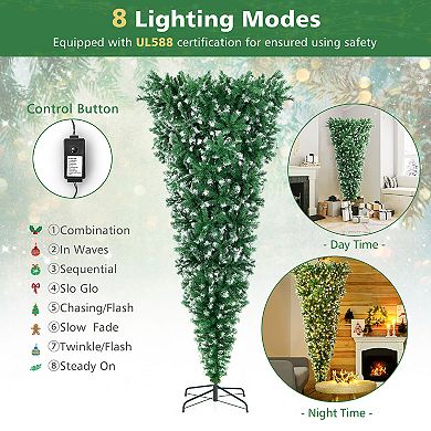 Gymax 7.5FT Pre-Lit Snowy Inverted Christmas Tree Artificial Tree w/ 400 LED Lights