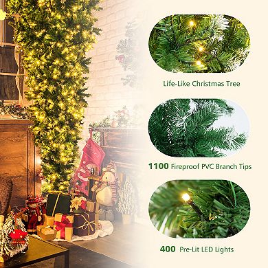Gymax 7.5FT Pre-Lit Snowy Inverted Christmas Tree Artificial Tree w/ 400 LED Lights