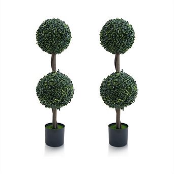 2 pc Topiary Trees Artificial Outdoor, 35" Milan Grass Ball Topiary Trees, Fake Greenery Tree
