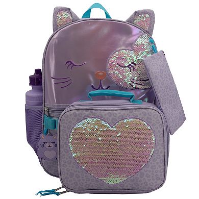 Sequin Kitty 5-Piece Kids Backpack Set