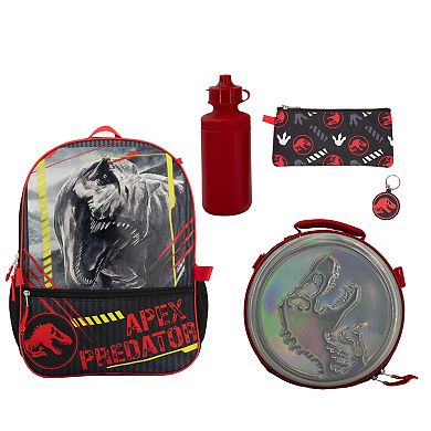 JurassicWorld 5-Piece Backpack Set with Padded Straps & Mesh Side Pockets