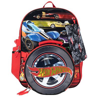 Hot Wheels 5-Piece Backpack Set with Mesh Pockets & Adjustable Straps
