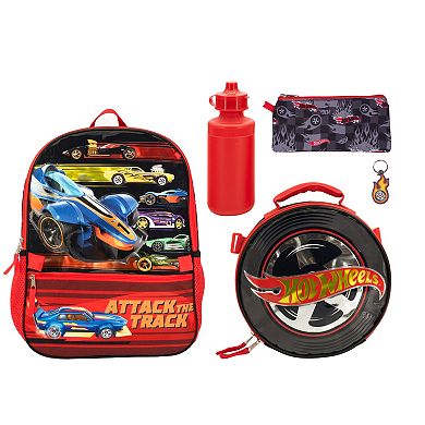 Hot Wheels 5-Piece Backpack Set with Mesh Pockets & Adjustable Straps