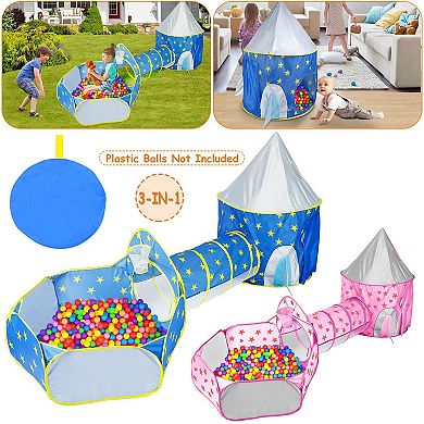 3-in-1 Kids Play Tent with Crawl Tunnel & Ball Pit Foldable Pop-Up Tent Set with Storage Bag