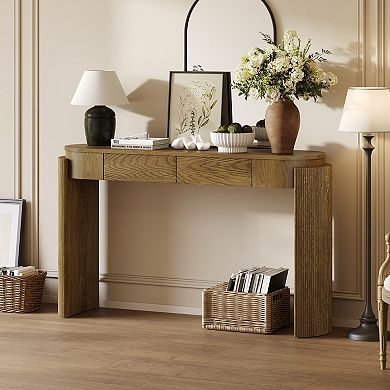 Whisen Console Table with Natural Wood Grain Finish, Fluted Design, Oval Top and 2 Drawers