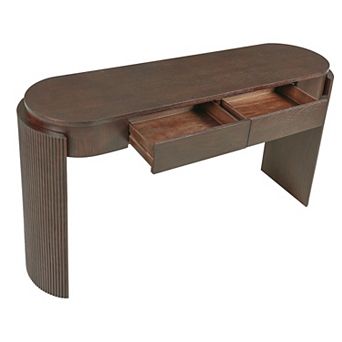 Whisen Console Table with Natural Wood Grain Finish, Fluted Design, Oval Top and 2 Drawers
