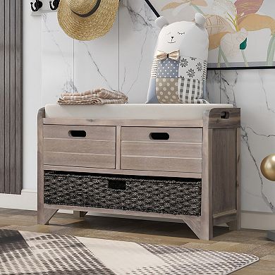 Whisen Fully Assembled Storage Bench with Removable Cushion, Removable Basket and 2 Drawers
