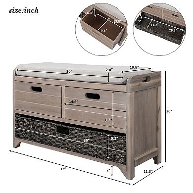 Whisen Fully Assembled Storage Bench with Removable Cushion, Removable Basket and 2 Drawers