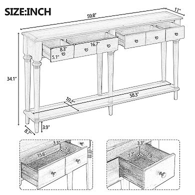 Whisen Entryway Table with 4 Drawers, Retro Console Table with Open Shelf