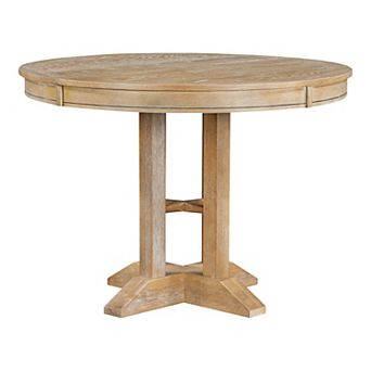 Whisen Farmhouse Style Wood Extendable Pedestal Base Dining Table with 14 in Leaf