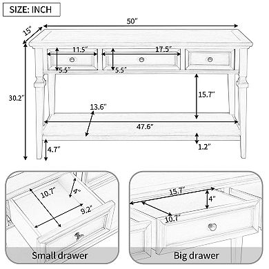 Whisen Classic Retro Style Console Table with Three Top Drawers and Open Style Bottom Shelf