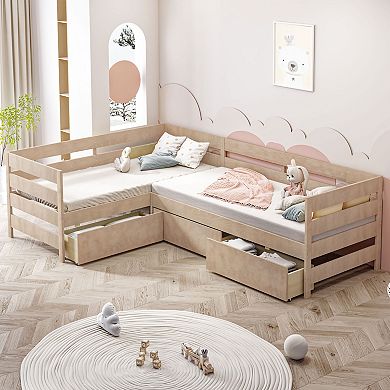 Whisen L-shaped Platform Bed with Three Storage Drawers