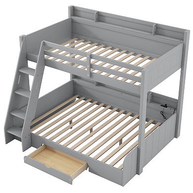 Whisen Bunk Bed with Storage Shelves, LED, Charging Station and a Drawer