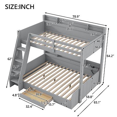 Whisen Bunk Bed with Storage Shelves, LED, Charging Station and a Drawer