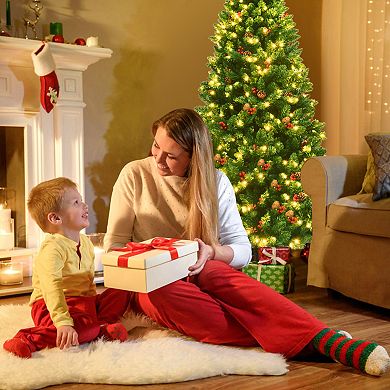 Gymax 6.5FT Pre-Lit Christmas Tree Hinged Artificial Tree Indoor w/ LED Lights